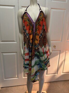Boho Halter Beach Cover Up Dress Beaded Asymmetrical Hem Open Back Small